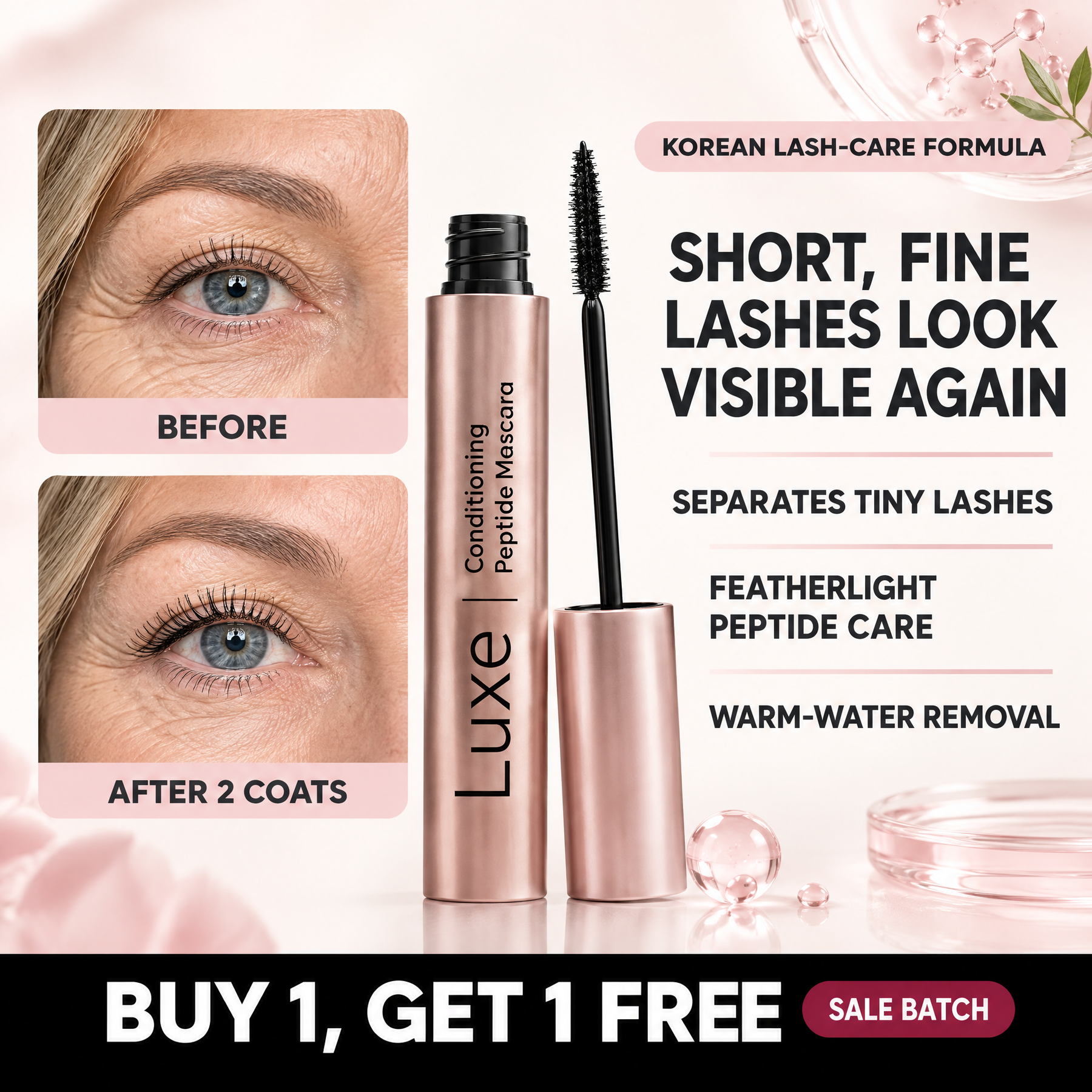 Luxe Korean lash care mascara for short fine mature lashes with before and after two coats